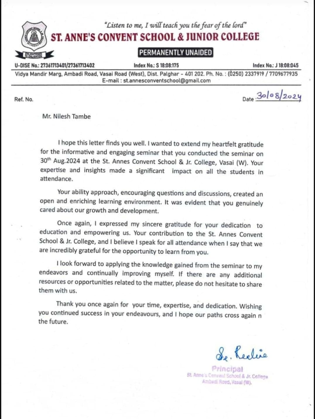 St. Anne's Appreciation Letter